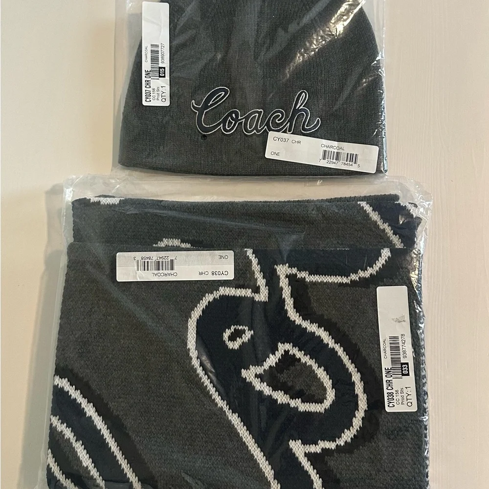 NWT Coach Script Print Knit Beanie & Scarf Bundle